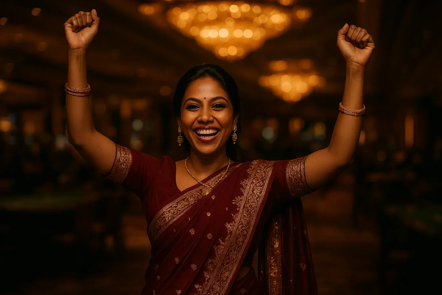 Joyful Bangladeshi woman in elegant attire celebrating in blurred VIP lounge
