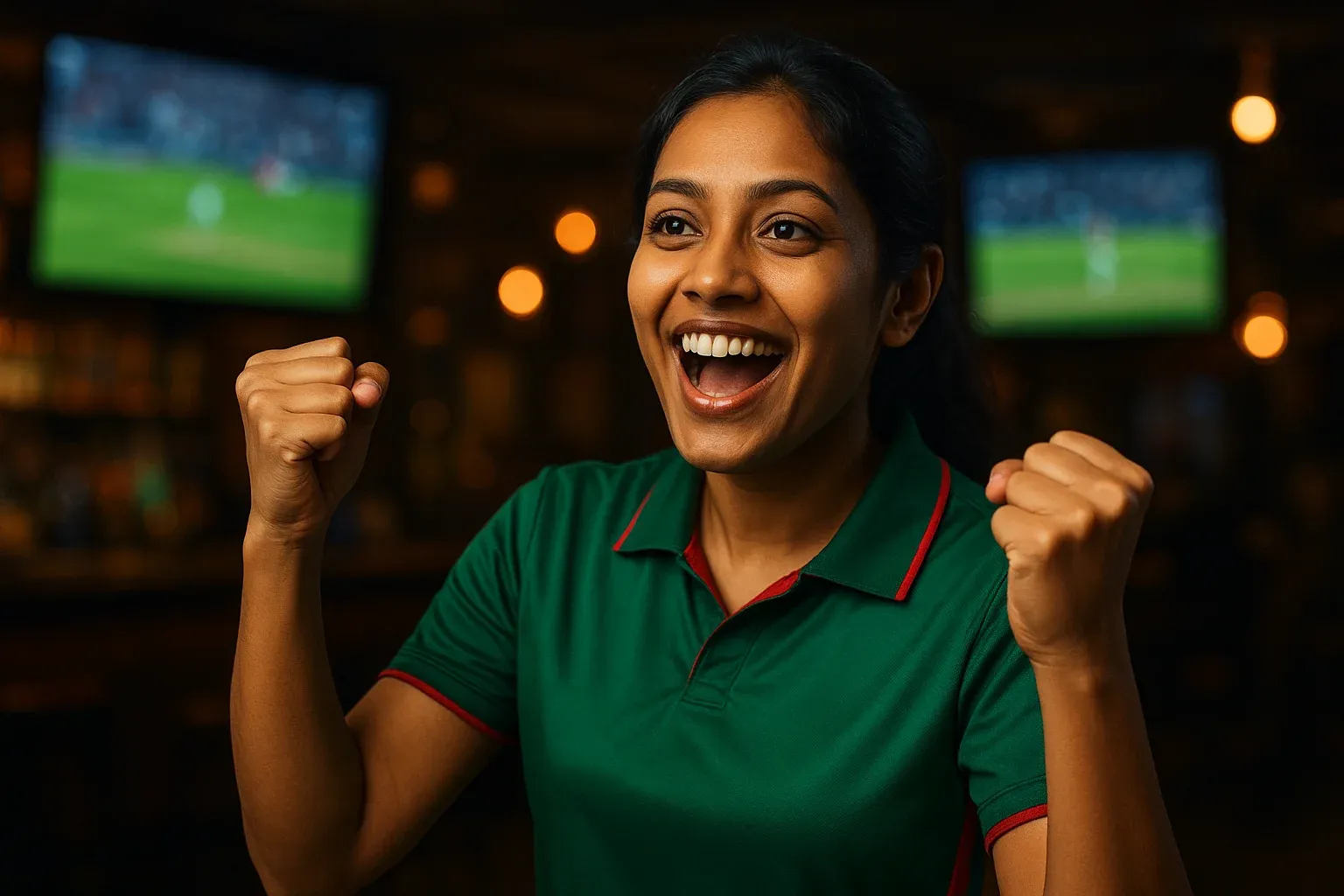 Enthusiastic Bangladeshi woman in cricket jersey celebrating with raised fists