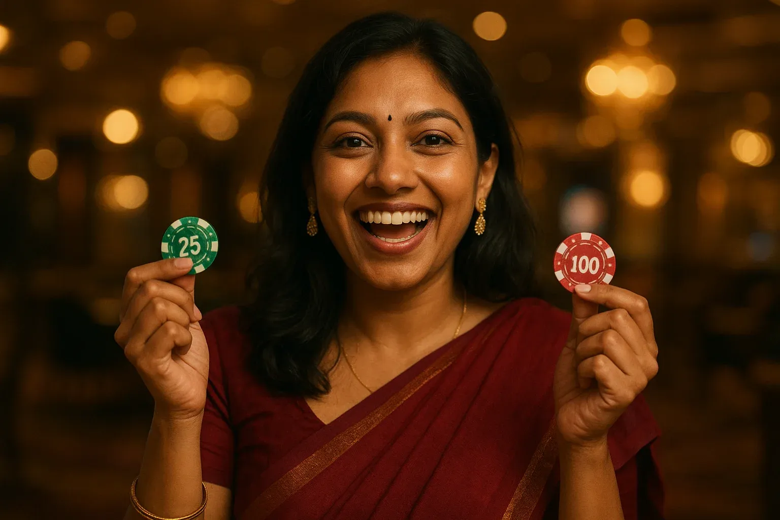 Joyful Bangladeshi woman holding casino chips in VIP lounge lights