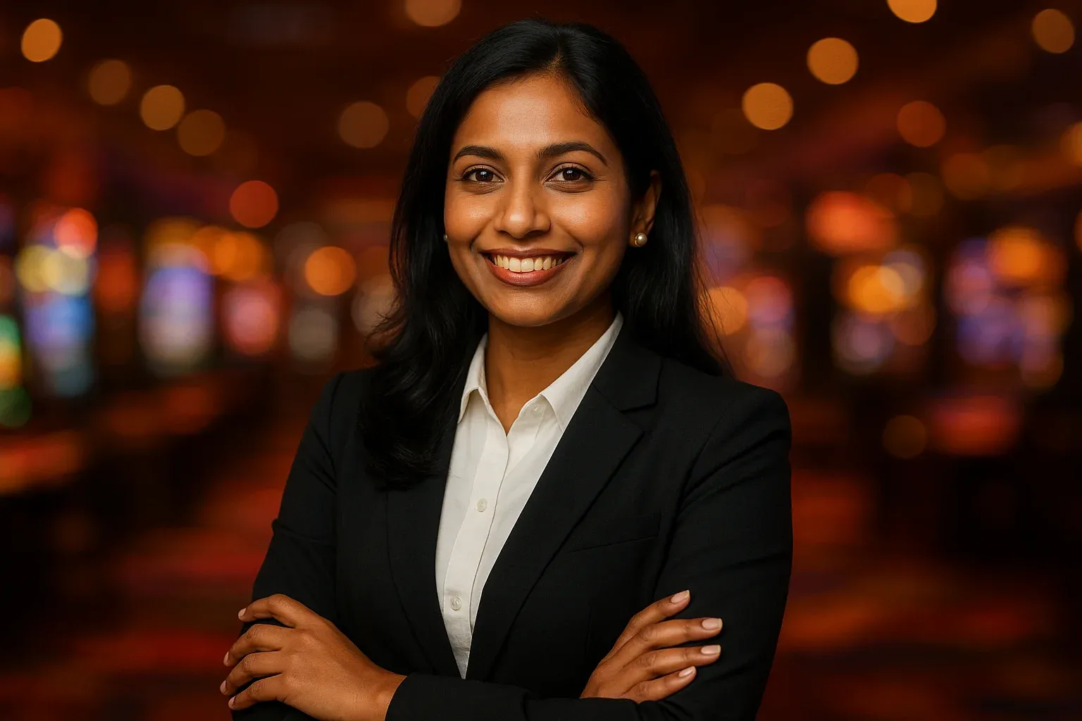 Elegant Bangladeshi businesswoman smiling in formal attire with warm casino bokeh background