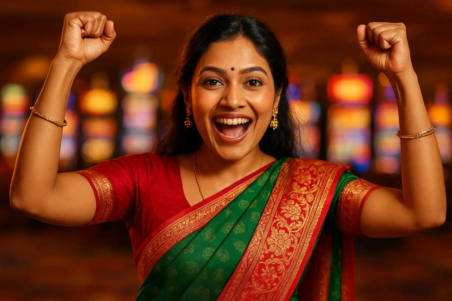 Excited Bangladeshi woman celebrating with raised arms on blurred casino slot floor